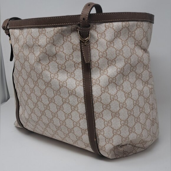 Gucci Women's Bag Tote Satchel Beige Monogram Leather Trim PVC 11.5 x 14.5 - Picture 6 of 16